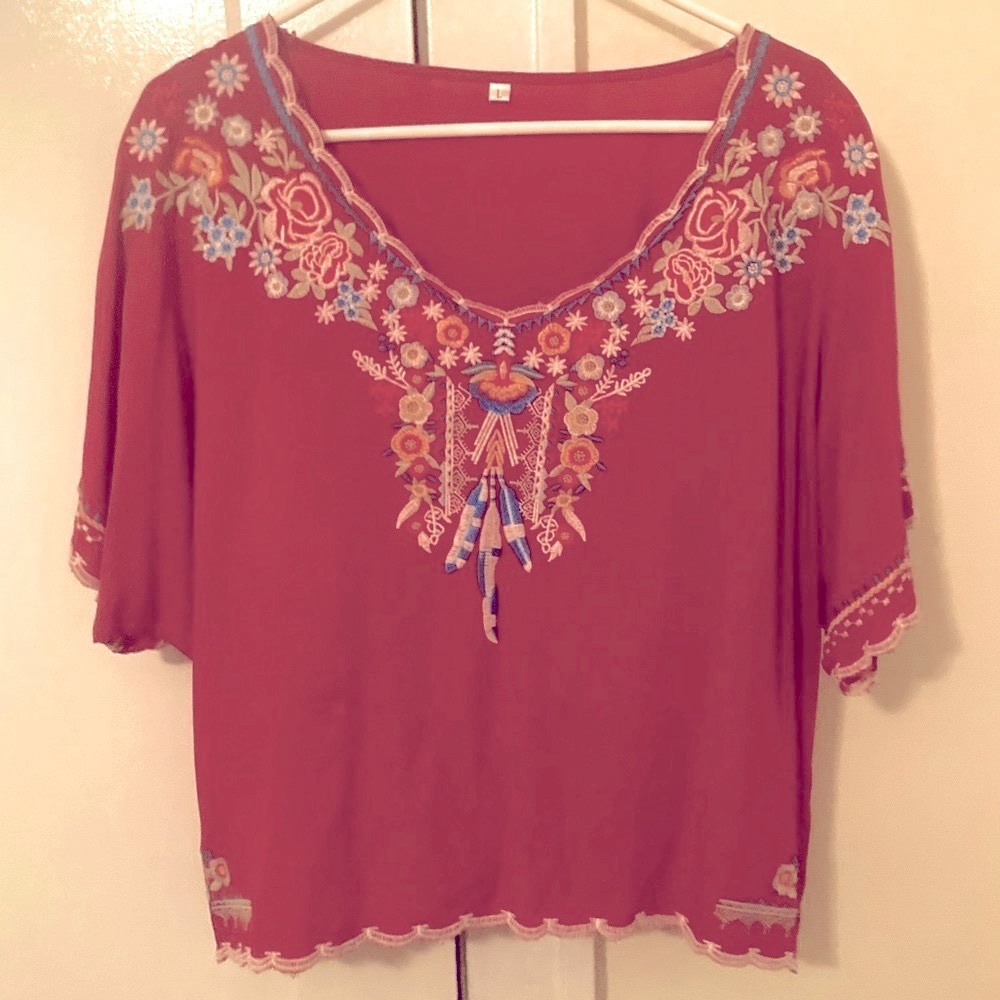 Red Boho Embroidered Blouse